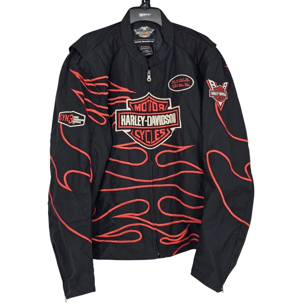 Harley Davidson Racing Jacket XL Black Orange Biker Moto Embroidered Flame